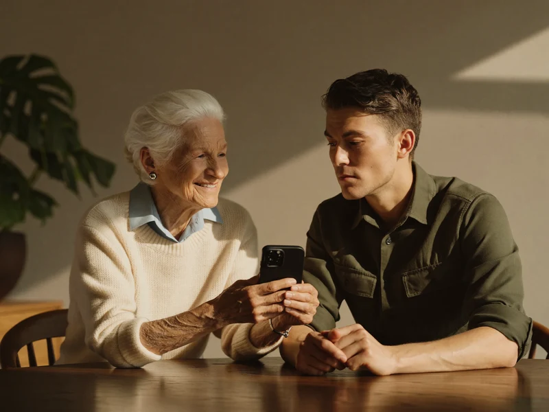 Senior og vejleder ser sammen på en smartphone ved et træbord
