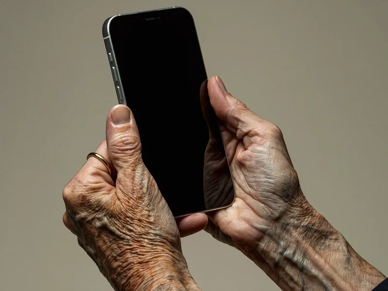 Nærbillede af ældre hænder, der holder en smartphone